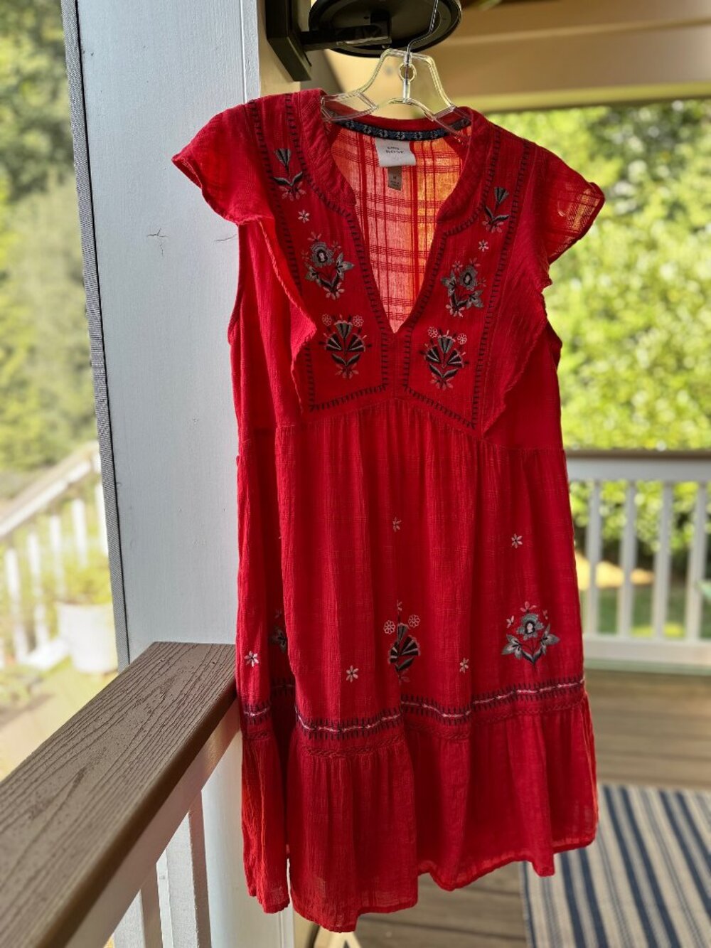 Knox Rose Red Cotton Mini Dress Blue Embroidery Flutter Sleeves Women's Size M